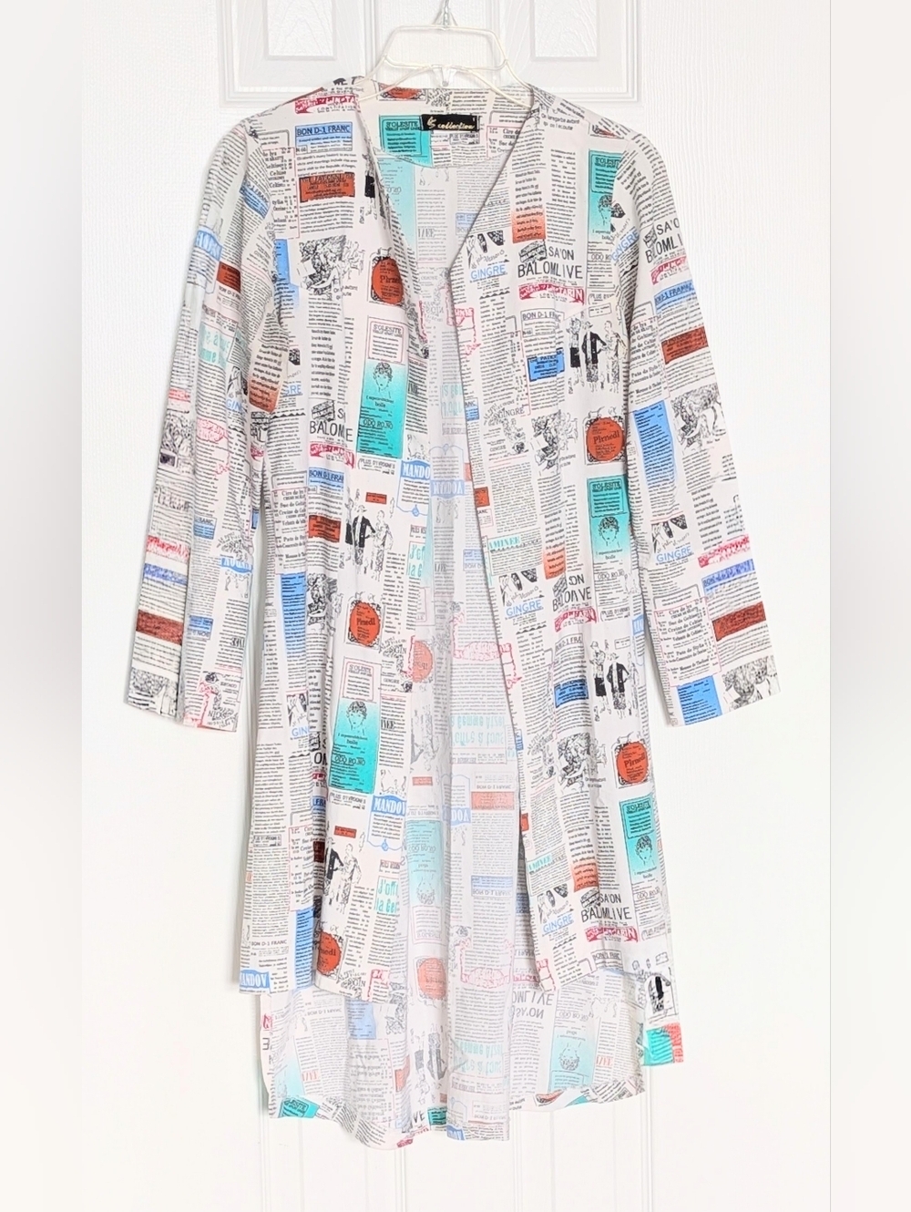 Women Colorful Newspaper- Print Maxi High-Low Lightweight Open-Front Duster Coat